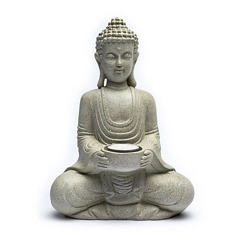 Boeddha met kaarshouder in hand steengrijs