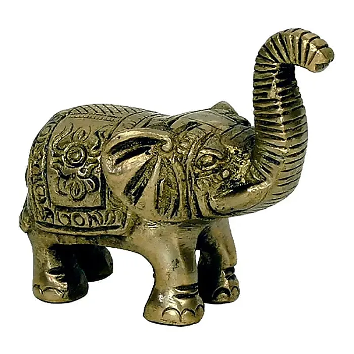 Minibeeldje olifant messing slurf recht omhoog -- 185 g; 7x7.5 cm