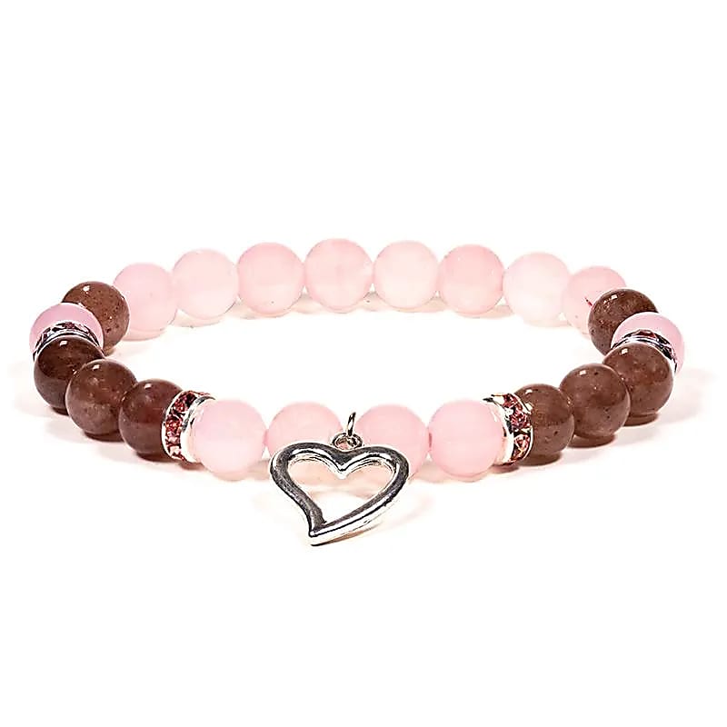 12603 AB-S51 Armband rozenkwarts/aardbeien kwarts met hartje
