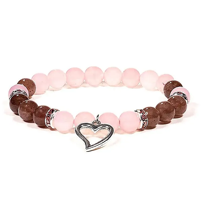 12603 AB-S51 Armband rozenkwarts/aardbeien kwarts met hartje