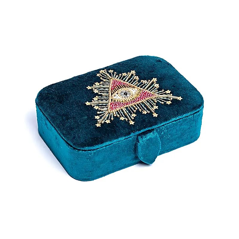 Sieraden / tarotdoos fluweel petrol met tarot oog