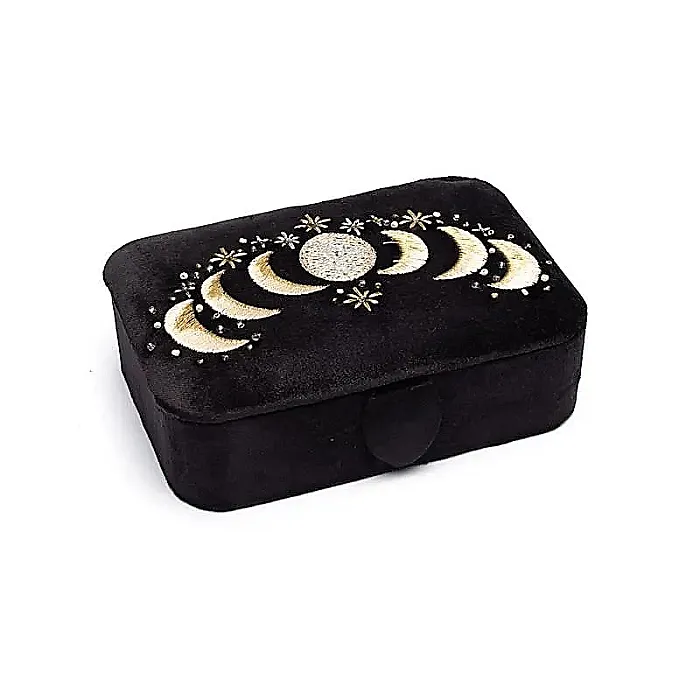 Sieraden / tarotdoos fluweel zwart met maanfasen
