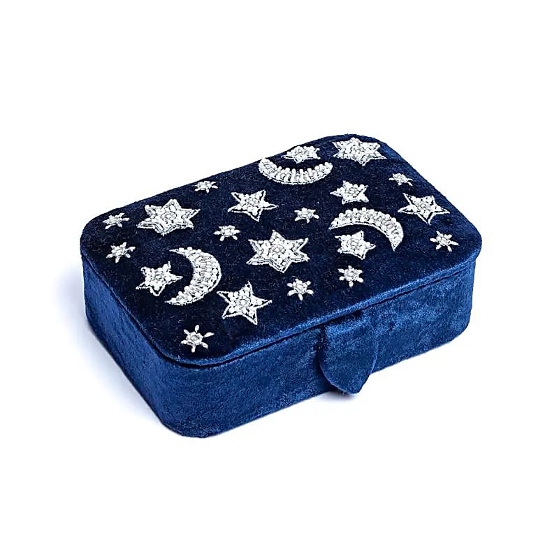 Sieraden / tarotdoos fluweel fluweel donkerblauw met maan en sterren