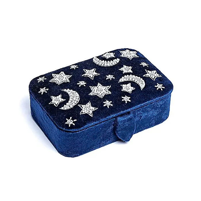 Sieraden / tarotdoos fluweel fluweel donkerblauw met maan en sterren