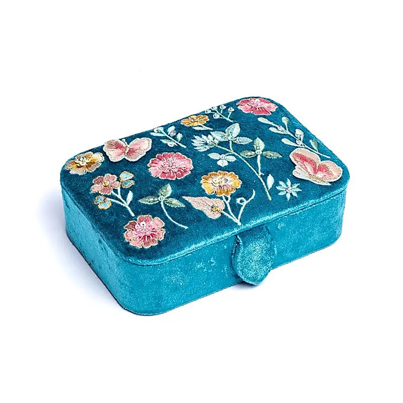 Sieraden / tarotdoos fluweel fluweel blauw met bloemen