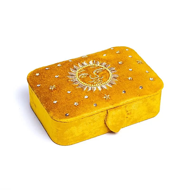 Sieraden / tarotdoos fluweel fluweel geel met zon
