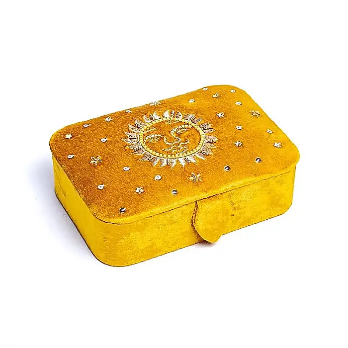 Sieraden / tarotdoos fluweel fluweel geel met zon