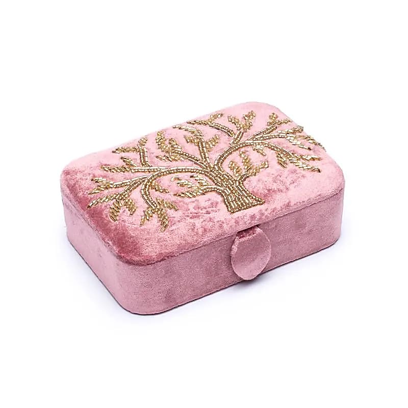Sieraden / tarotdoos fluweel roze met Levensboom