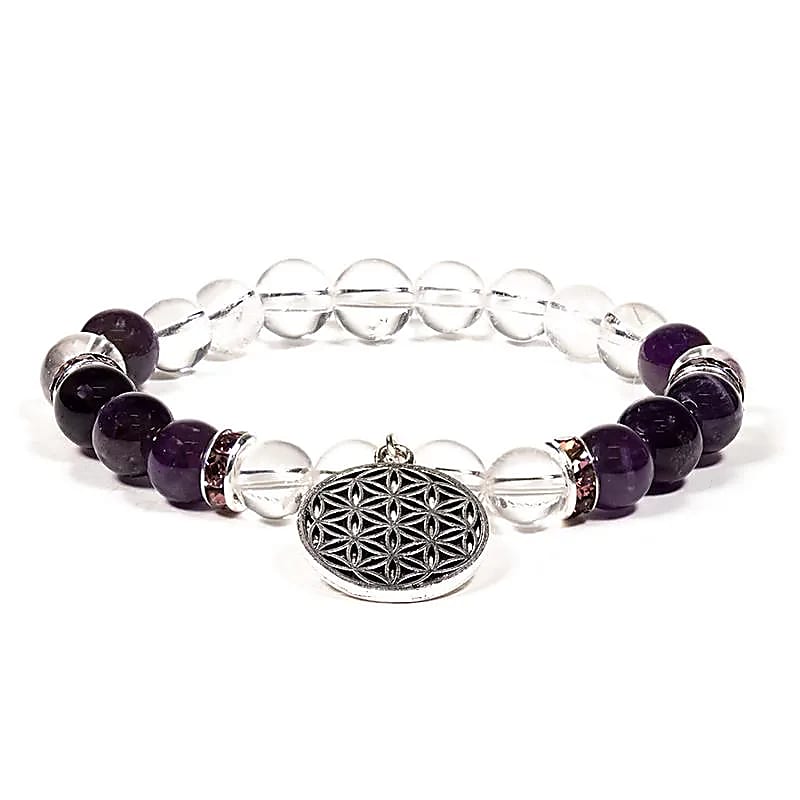 12608 AB-S53 Armband bergkristal/amethist + bloem des levens