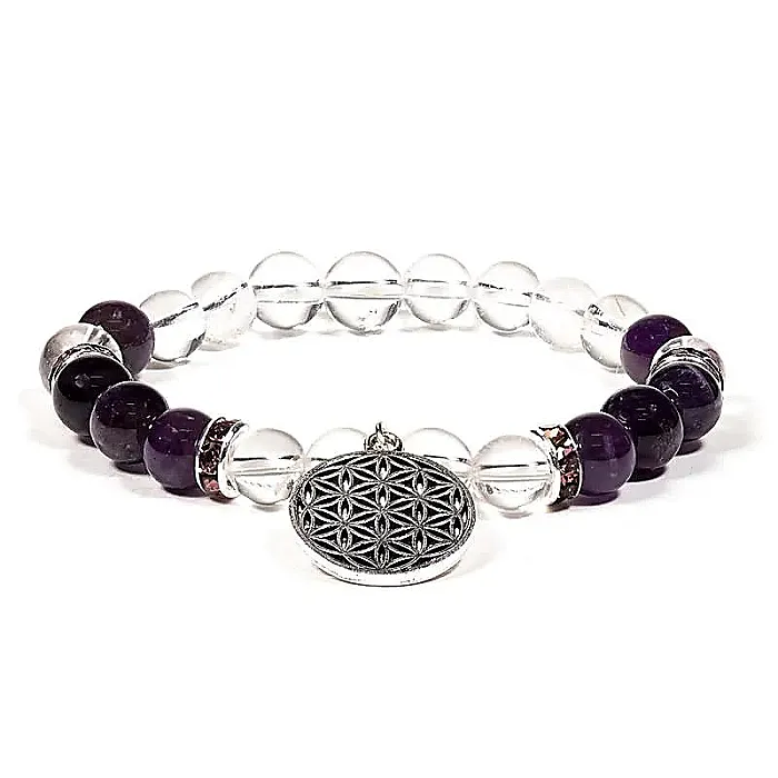 12608 AB-S53 Armband bergkristal/amethist + bloem des levens