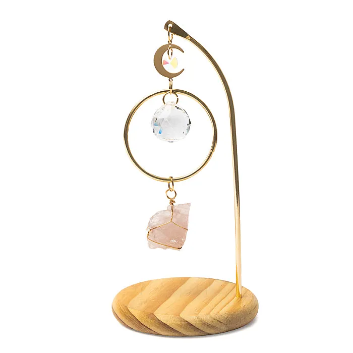 Suncatcher op houten voet maan met rozenkwarts