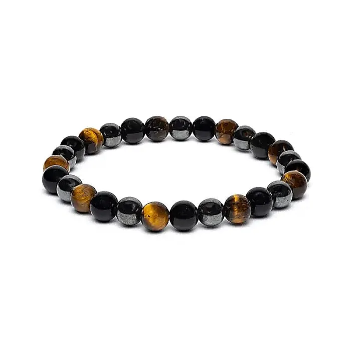 12718 Armband voor brede pols met tijgeroog, hematiet en obsidiaan