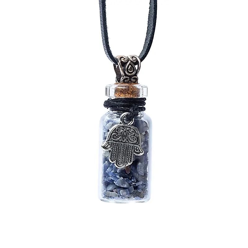 Geschenkflesje aan koord met lapis lazuli en khamsa