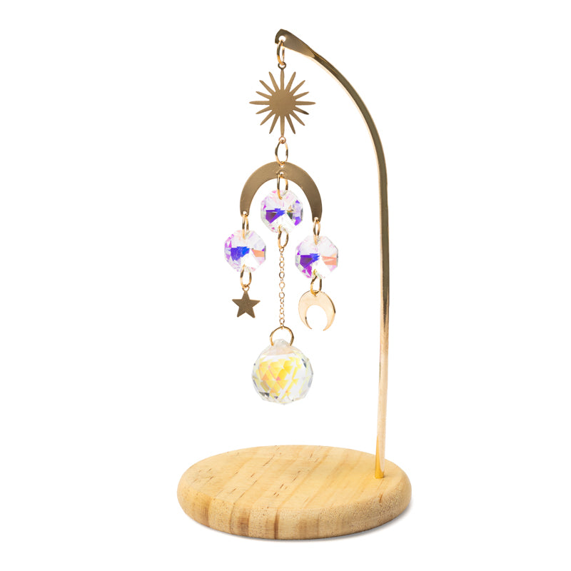 Suncatcher op houten voet zon, maan en ster