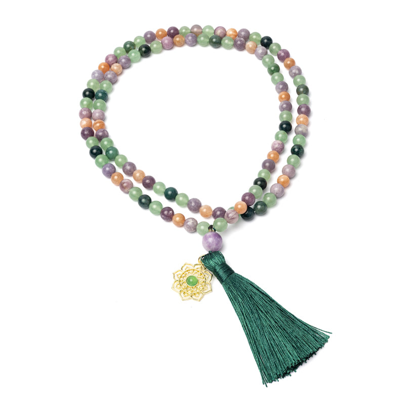 -Mala mosagaat, aventurijn, lepidoliet, zonnesteen met mandala hanger