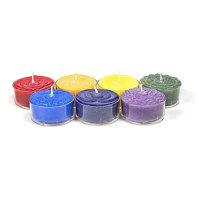 Theelichtjes chakra geurkaarsjes set van 7 stuks -- 4x2 cm