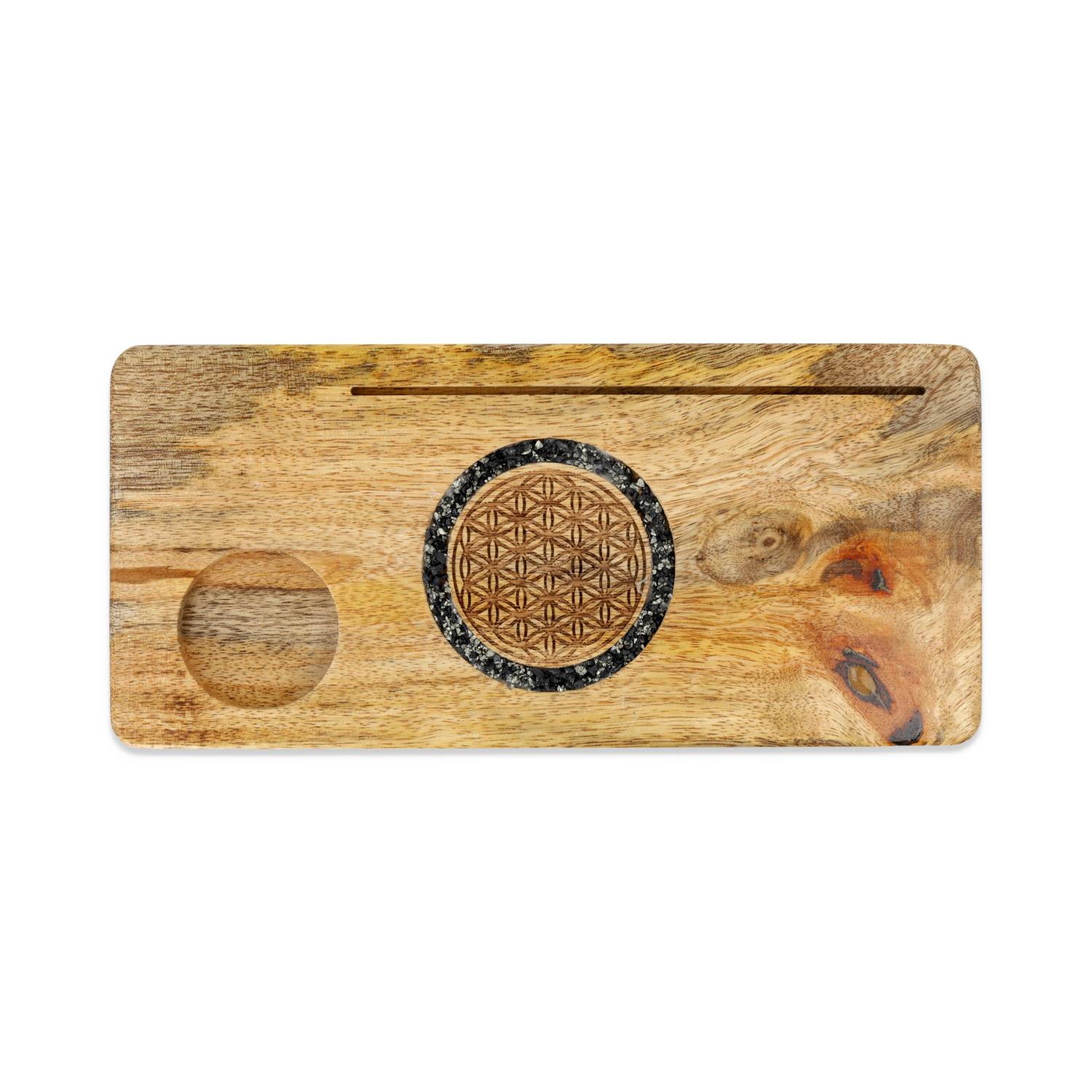 Kaarthouder Flower of life toermalijn en pyriet mangohout