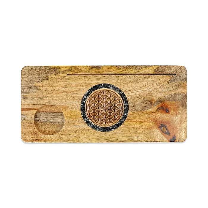 Kaarthouder Flower of life toermalijn en pyriet mangohout