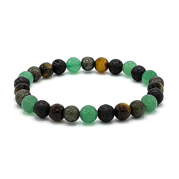 12715 Armband voor brede pols met groene kwarts, lavasteen, tijgeroog en pyriet