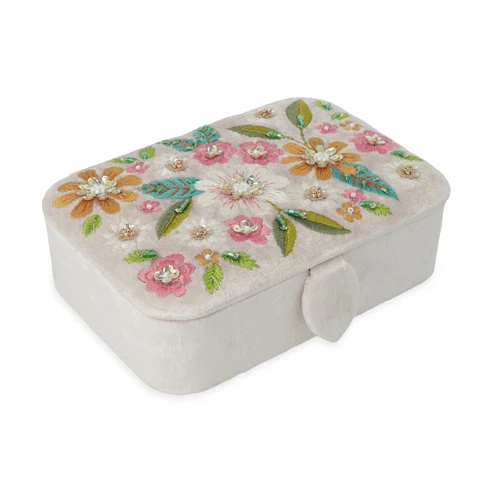 1621 Sieraden / tarotdoos fluweel gebroken wit met bloemen