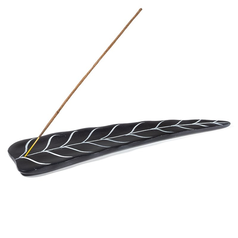 Wierookbrander bladvorm zwart zeepsteen -- 25x6.5 cm